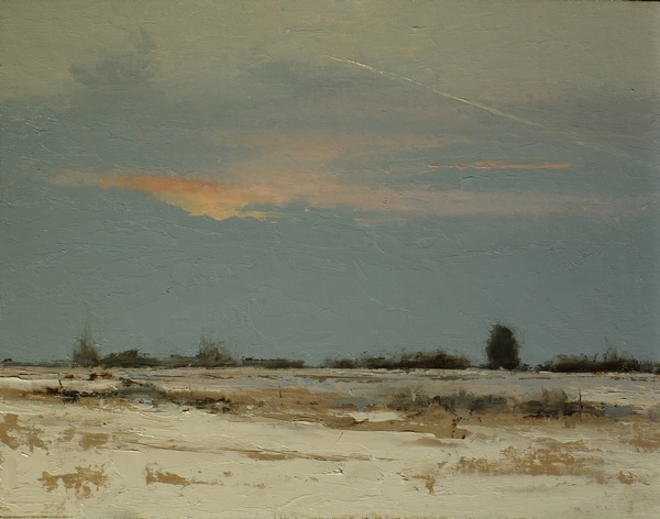 A painting of dawn over winter fields by artist Simon Bland